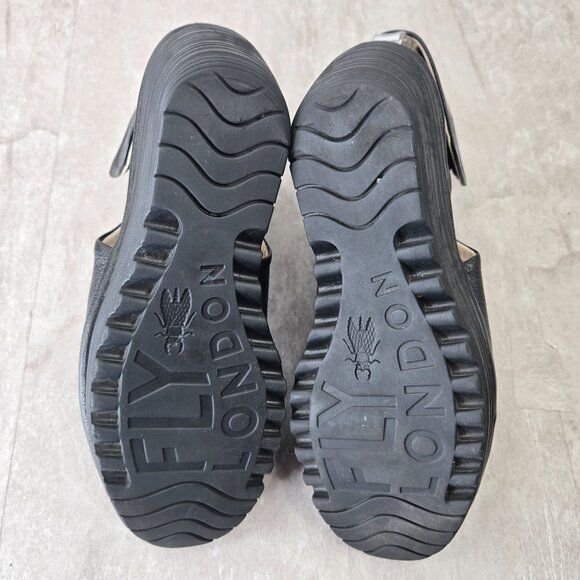Fly London Yone Wedge Sandal 8-8.5 Black Leather Peep Toe Casyak Platform Wedges - Picture 7 of 14